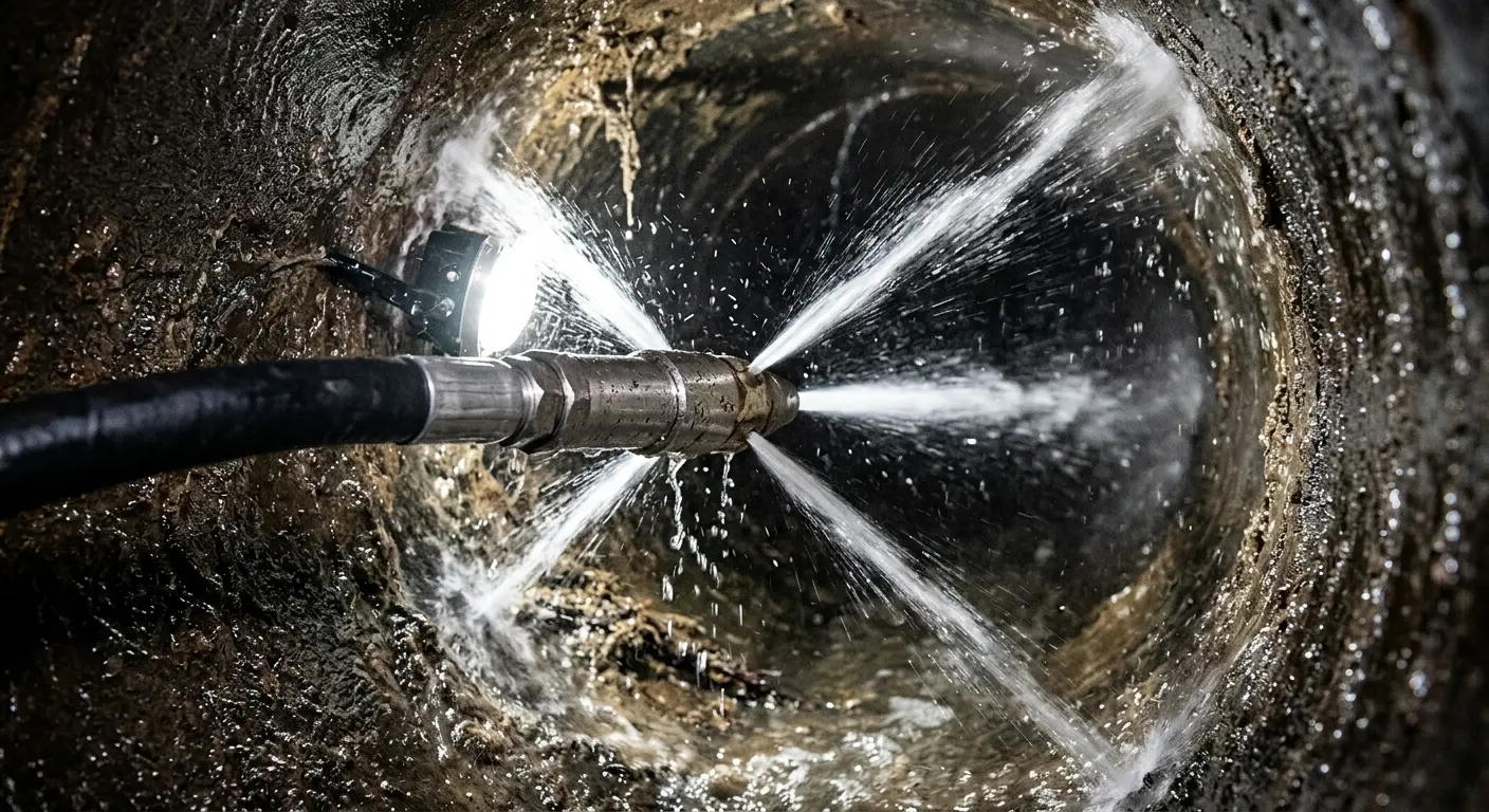 High-pressure hydro jetting nozzle cleaning sewer pipe for Emergency Drain Service in Merrill