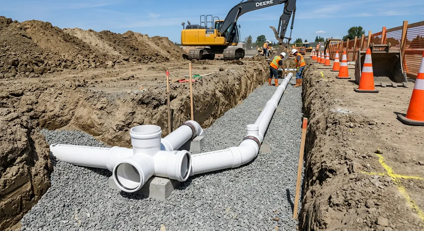 New PVC sewer pipe installation in open trench for Sewer Backup in Merrill