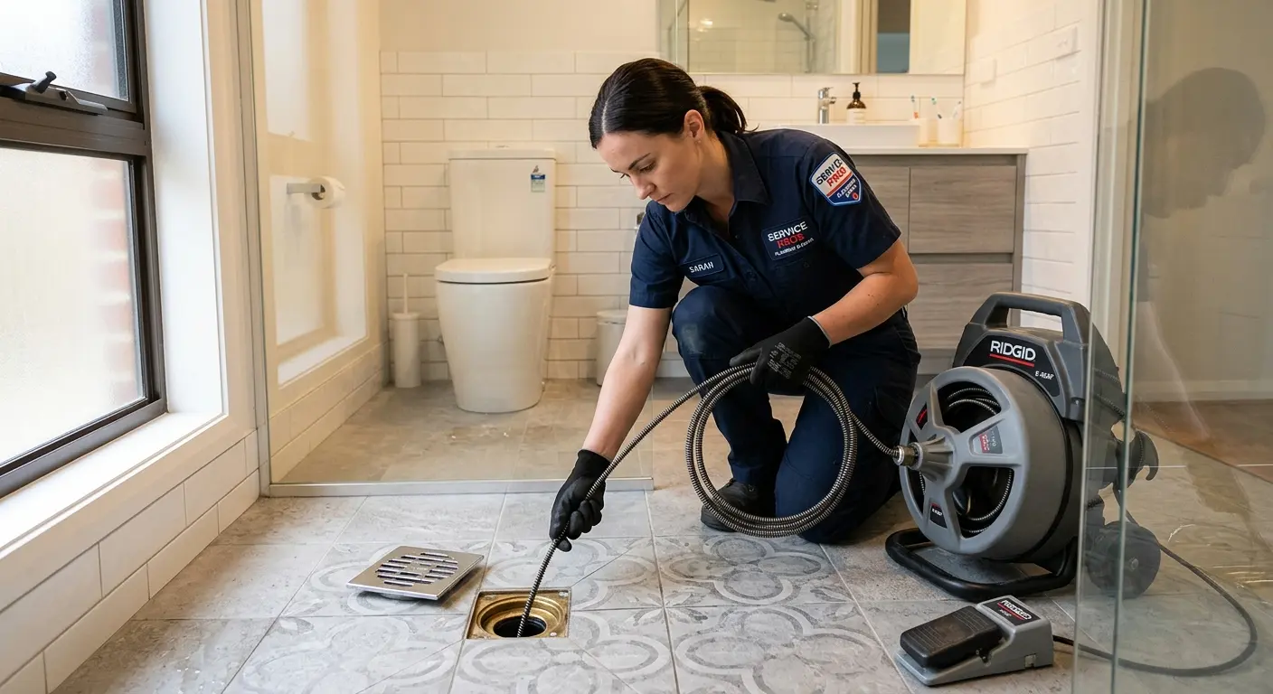 Technician clearing a bathroom floor drain for Drain Cleaning in Merrill